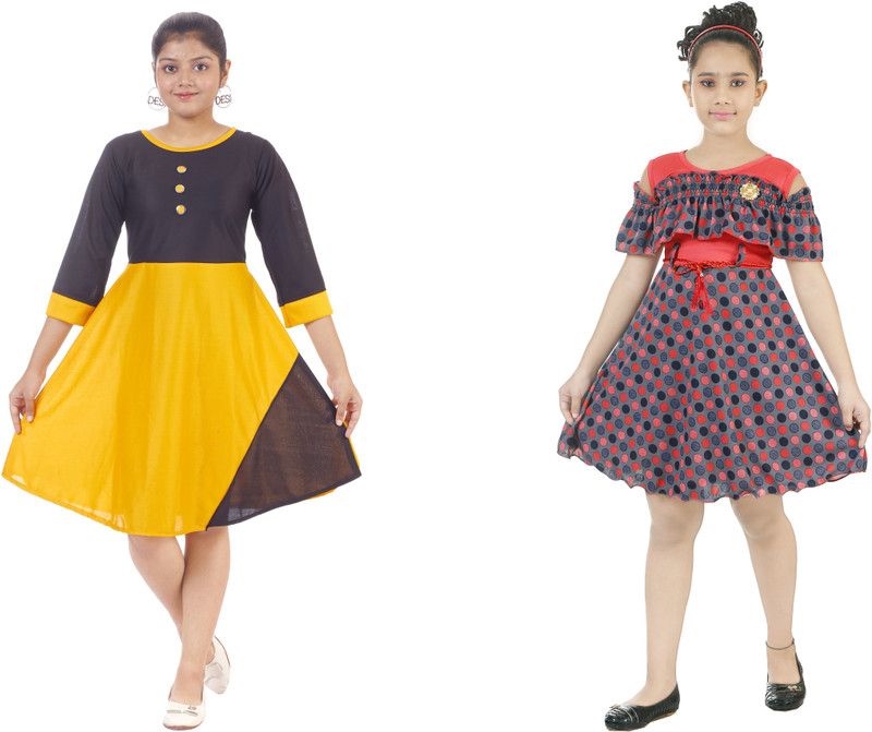 Girls Midi/Knee Length Party Dress  (Multicolor, Short Sleeve)