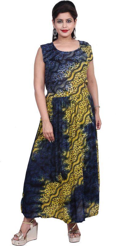 Women Maxi Blue, Yellow Dress