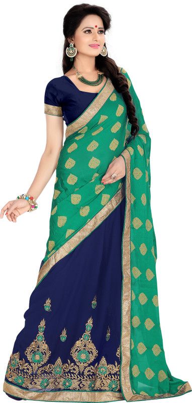Embroidered Bollywood Handloom Georgette, Cotton Blend Saree  (Green, Blue)