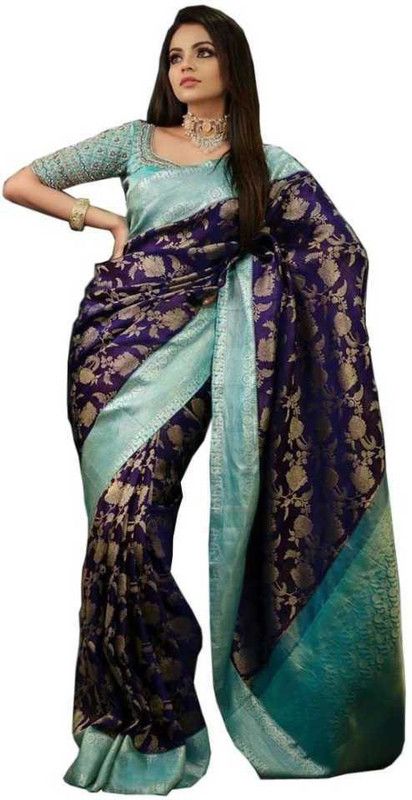 Printed Banarasi Jacquard Saree  (Dark Blue, Blue)