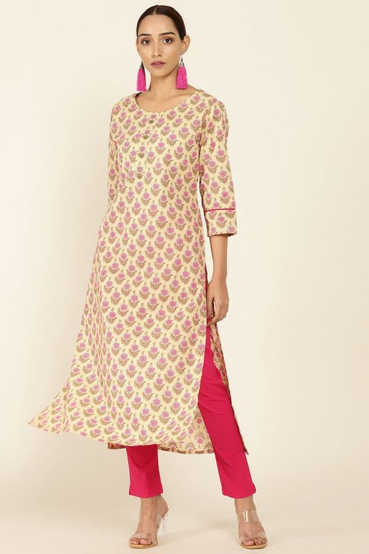 Women Block Print Cotton Blend Straight Kurta  (Multicolor)