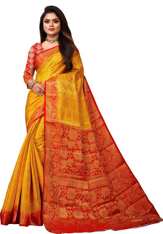 Floral Print Banarasi Nylon Saree  (Mustard)