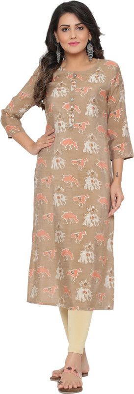 Women Printed Pure Cotton Straight Kurta  (Grey)