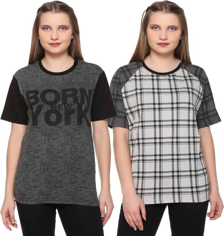 Pack of 2 Women Checkered Round Neck Cotton Blend Multicolor T-Shirt