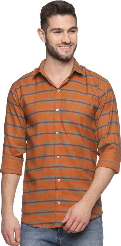 Men Striped Casual Brown Shirt