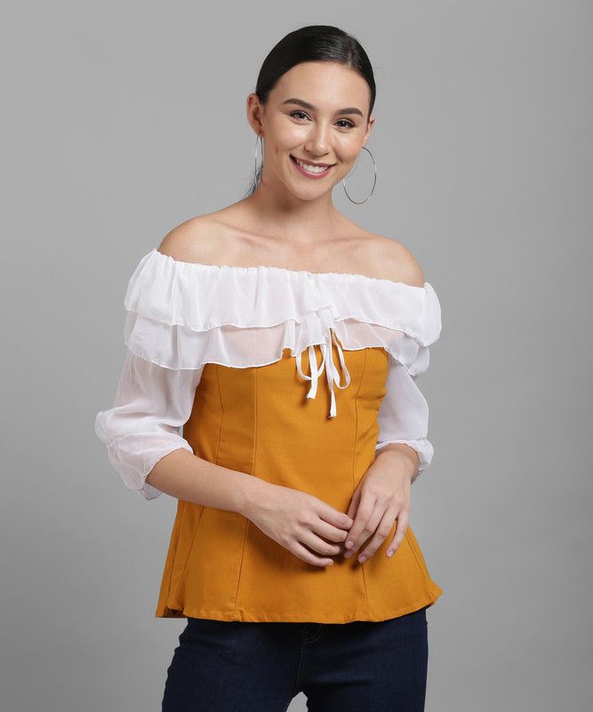 Casual Regular Sleeves Color Block Women Yellow Top