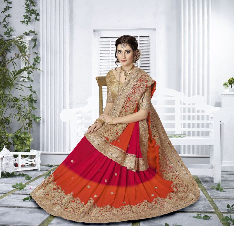 Embroidered Bollywood Satin Saree  (Orange)