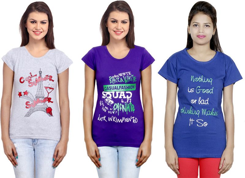 Pack of 3 Women Printed Round Neck Cotton Blend Purple, Blue, Grey T-Shirt