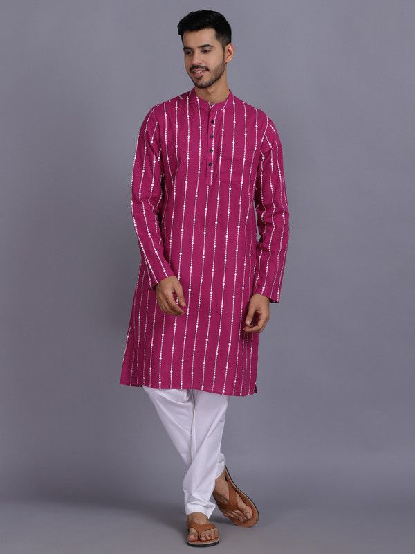 Men Striped Cotton Blend Straight Kurta  (Pink)