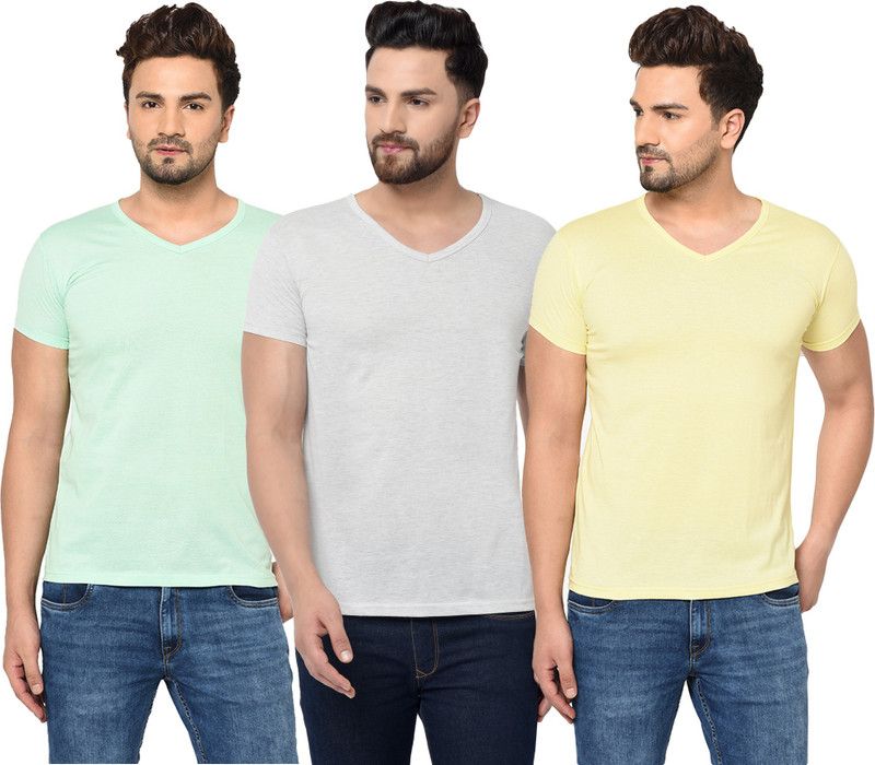 Pack of 3 Men Solid V Neck Cotton Blend Grey, Light Green, Yellow T-Shirt