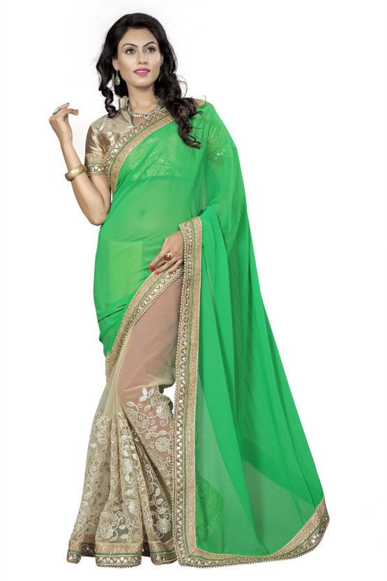Embroidered Bollywood Handloom Cotton Blend, Chiffon Saree  (Green, Beige)