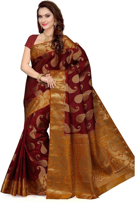 Woven Bollywood Silk Blend Saree  (Brown)