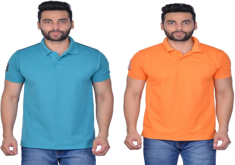 Pack of 2 Men Solid Polo Neck Cotton Blend Orange, Light Green T-Shirt
