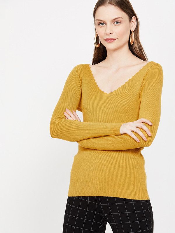 Women Solid V Neck Yellow Sweater