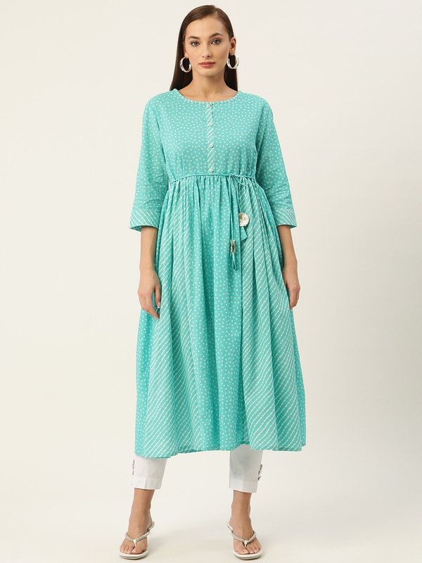 Women Bandhani Pure Cotton Anarkali Kurta  (Blue)