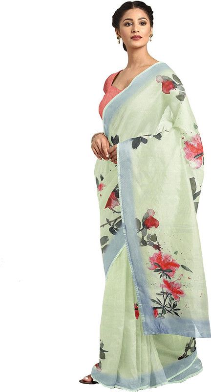Printed Daily Wear Satin Saree  (Light Green)