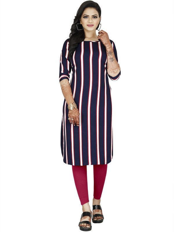 Women Striped Crepe Straight Kurta  (Purple)
