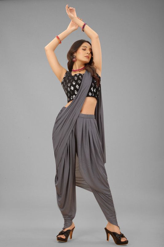 Solid/Plain Bollywood Lycra Blend Saree  (Pack of 2, Grey)