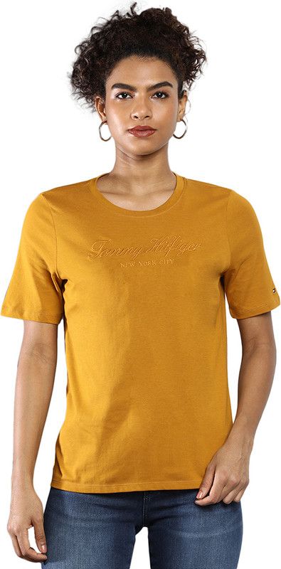 Women Solid Crew Neck Cotton Blend Yellow T-Shirt