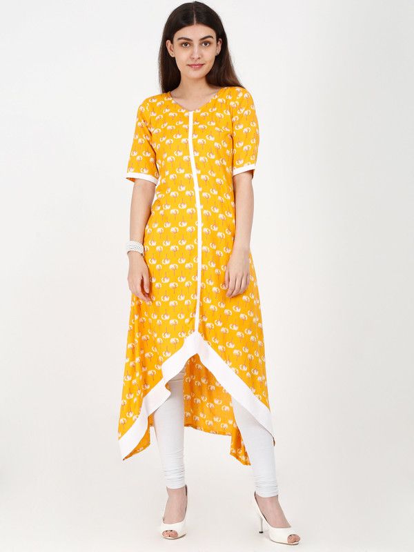 Women Printed Cotton Rayon High Low Kurta  (Yellow)