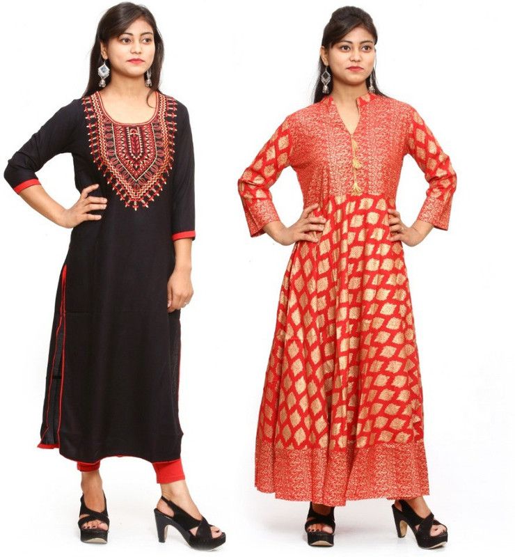 Pack of 2 Women Self Design Viscose Rayon Straight Kurta  (Red)