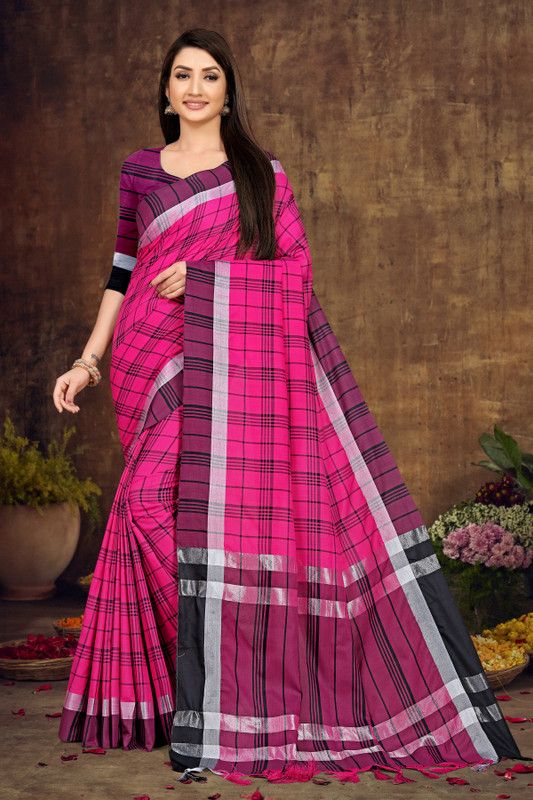 Checkered Bollywood Cotton Silk Saree  (Pink)