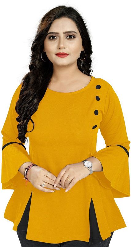 Casual Butterfly Sleeves Color Block Women Yellow Top