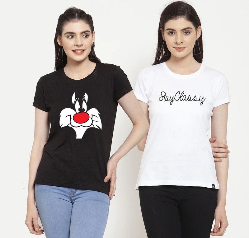 Printed Women Black, White T-Shirt  (Pack of 2)
