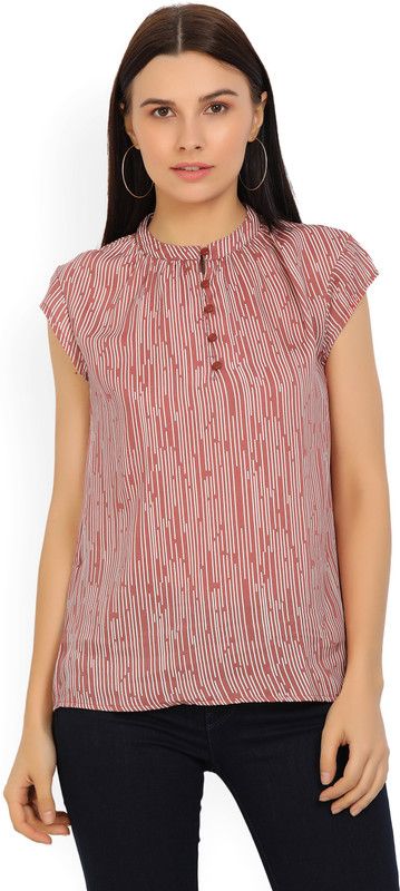 Casual Cap Sleeves Striped Women Maroon Top