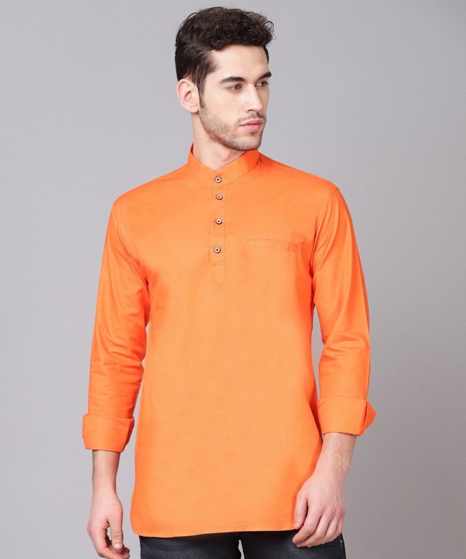 Men Self Design, Solid Cotton Linen Straight Kurta  (Orange)