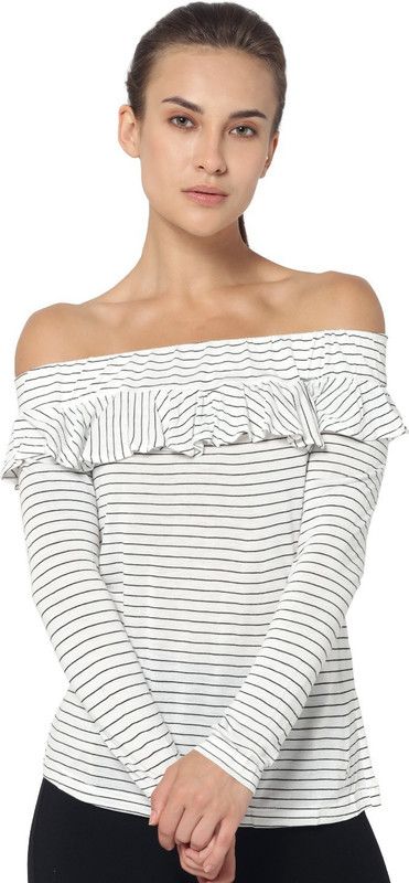 Casual Cape Sleeves Striped Women White, Black Top