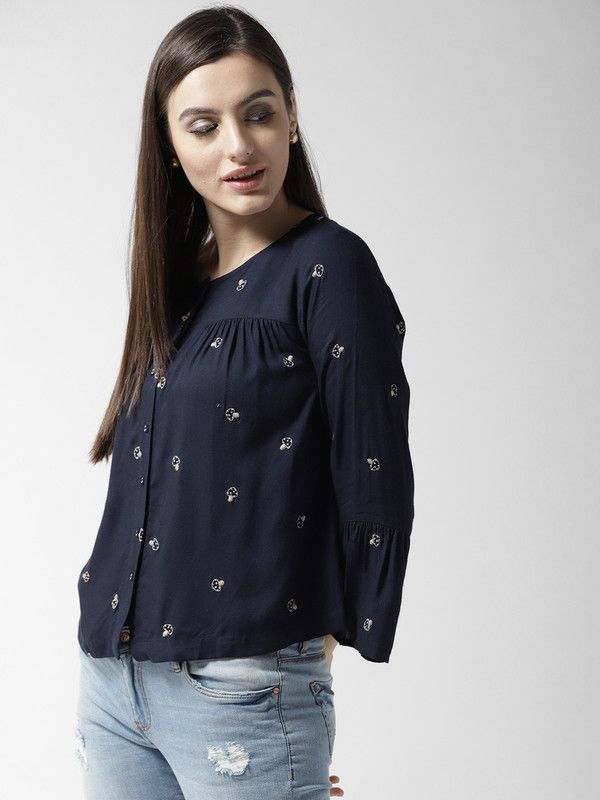 Casual Flared Sleeves Embroidered Women Dark Blue Top