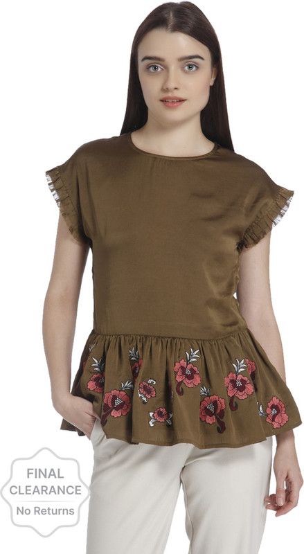 Casual Cap Sleeves Embroidered Women Brown Top