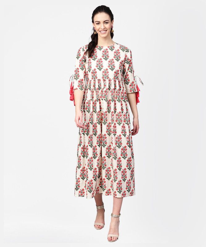 Women Floral Print Pure Cotton A-line Kurta  (White)