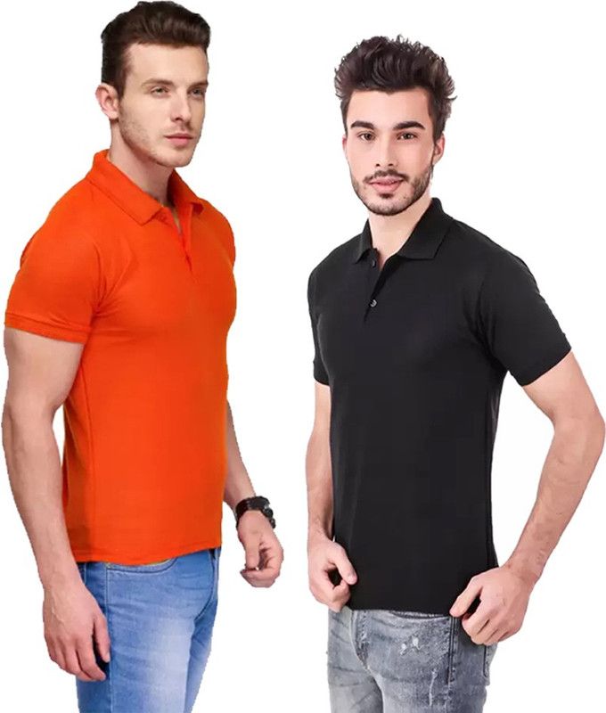 Pack of 2 Men Solid Polo Neck Cotton Blend Black, Orange T-Shirt