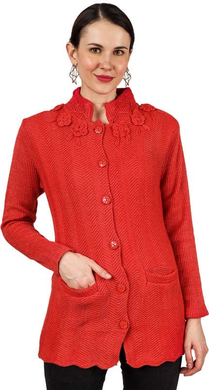 Women Woven V Neck Red Sweater