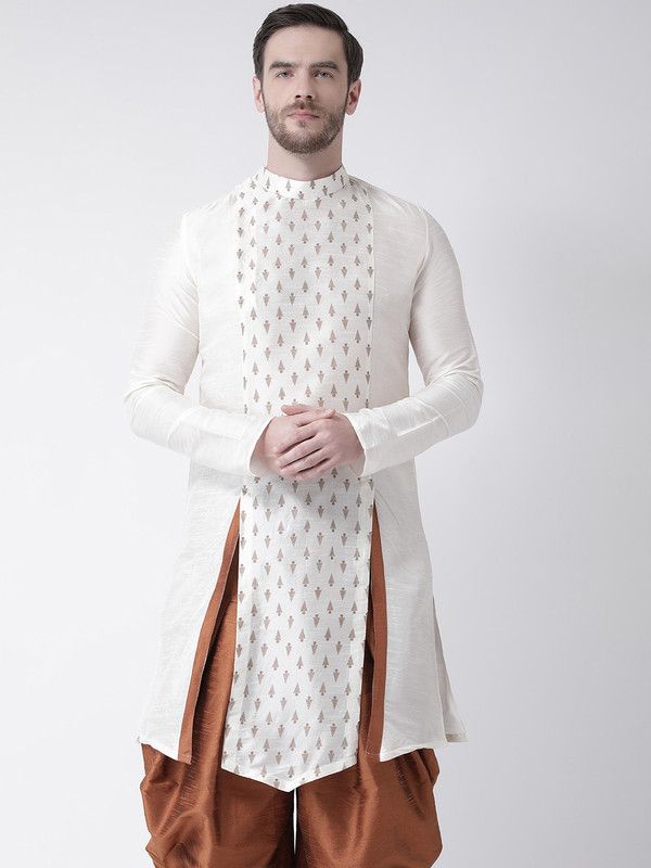 Men Printed Dupion Silk Straight Kurta  (White, Brown)