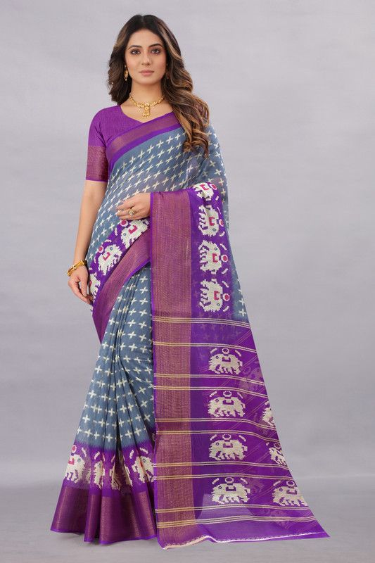 Printed Bandhani Pure Cotton Saree  (Grey)