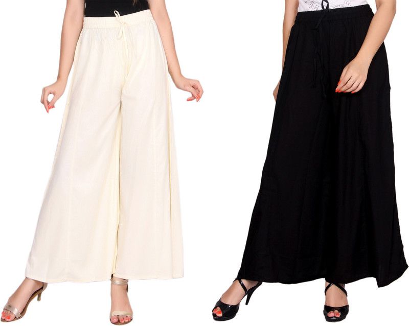 Pack of 2 Women Relaxed Black, Cream Cotton Blend Trousers