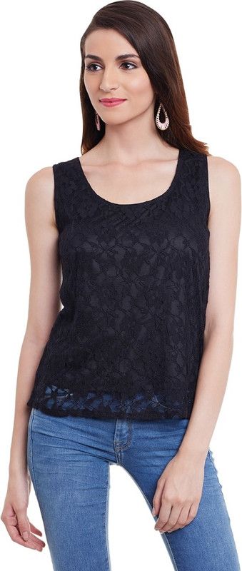 Party Sleeveless Lace, Solid Women Black Top