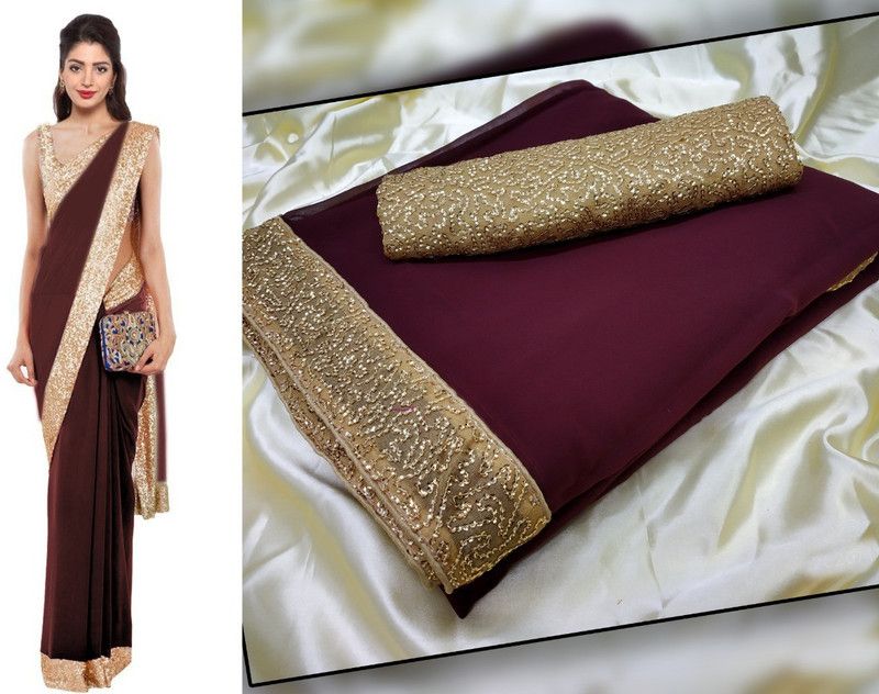 Solid Daily Wear Georgette Saree  (Brown)