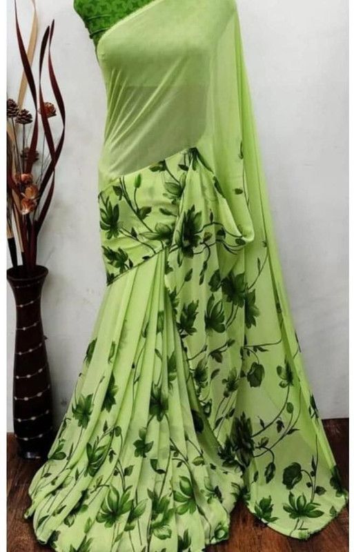 Floral Print Fashion Georgette Saree  (Green)