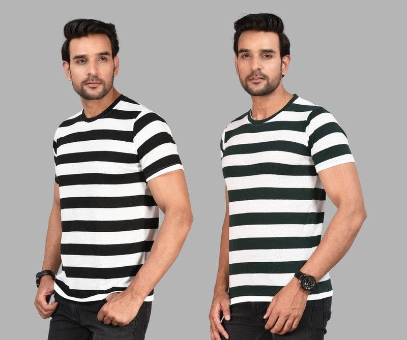 Pack of 2 Men Striped Round Neck Cotton Blend Green, Black T-Shirt