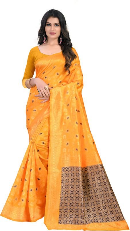 Woven, Embellished, Dyed Kanjivaram Cotton Silk, Jacquard Saree  (Yellow)