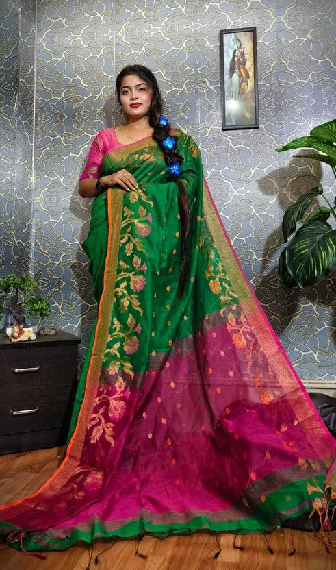 Woven Jamdani Cotton Silk Saree  (Purple)