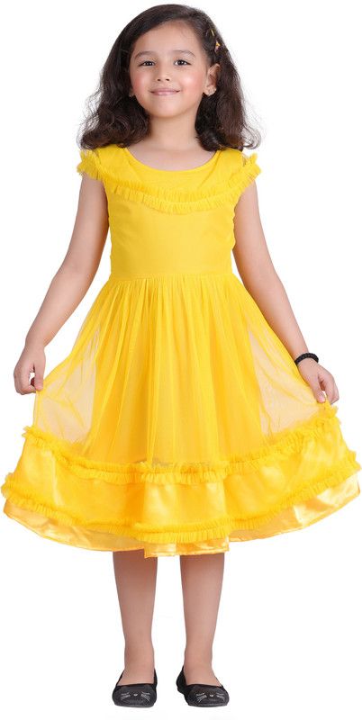 Girls Below Knee Casual Dress  (Yellow, Cap Sleeve)