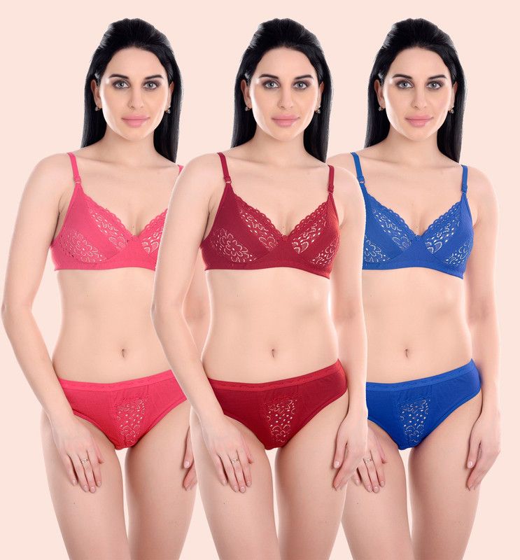 Bra & Panty Set Self Design Pink, Maroon, Blue Lingerie Set