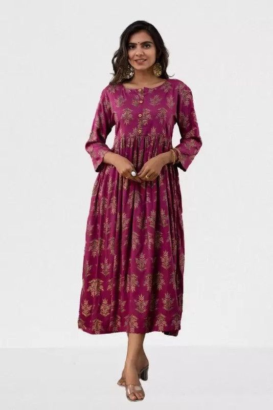 Women Floral Print Cotton Rayon Gown Kurta  (Pink)