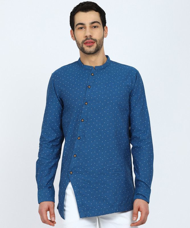 Men Printed Cotton Blend Trail Cut Kurta  (Blue)