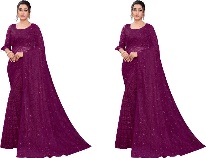 Self Design Bollywood Net Saree  (Pack of 2, Purple)